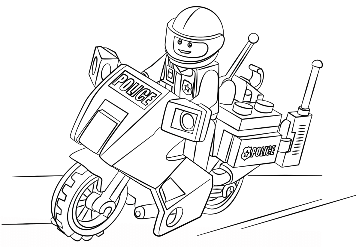 Kolorowanka lego policjant na motorze